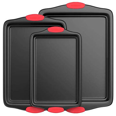 Nutrichef Non-Stick Kitchen Baking Pans w/Heat Red Silicone 3 Piece Set