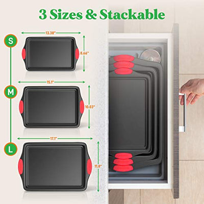 Nutrichef Non-Stick Kitchen Baking Pans w/Heat Red Silicone 3 Piece Set