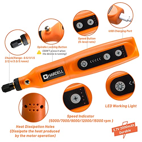 HARDELL Mini Cordless Rotary Tool, 5-Speed and USB Charging Orange