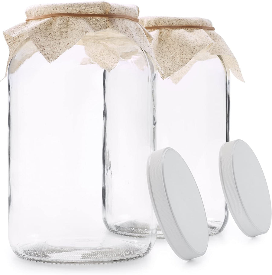 2 Pack - 1 Gallon Glass Jar w/Plastic Airtight Lid, Muslin Cloth, Rubber...