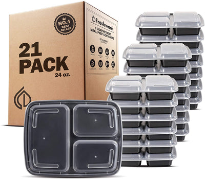 Freshware Meal Prep Containers [21 Pack] 3 3-Compartment, 21-Pack, 24 ounce