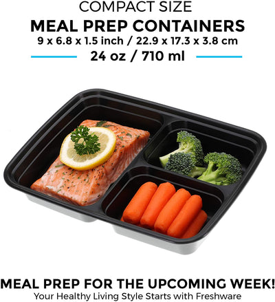 Freshware Meal Prep Containers [21 Pack] 3 3-Compartment, 21-Pack, 24 ounce