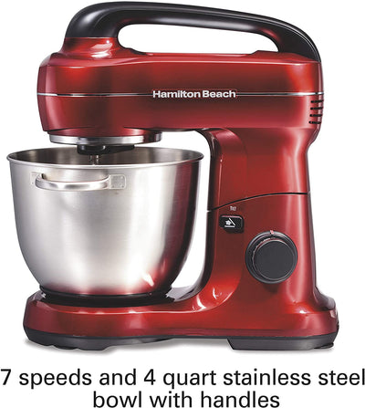 Hamilton Beach Electric Stand Mixer, 4 Quarts, Dough Hook, Flat Beater Red