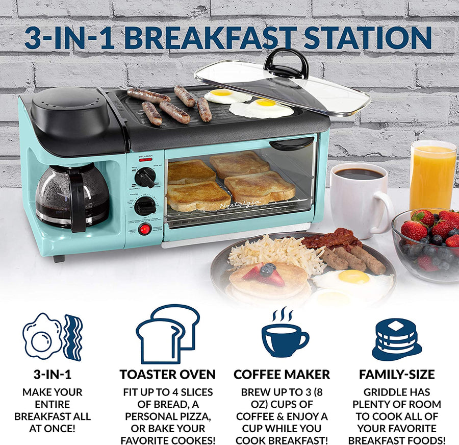 Nostalgia Retro 3-in-1 Family Size Electric Breakfast Station, Aqua