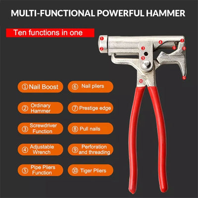 Orange Red Multi-function universal hammer, 10 in 1universal multi-function steel hammer magic tool