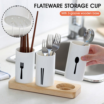 Cutlery Utensil Holder 3 In 1 Silverware Caddy Flatware Organizer with Wood Base Countertop Storage for Knives Spoons Forks