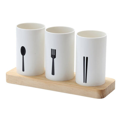 Cutlery Utensil Holder 3 In 1 Silverware Caddy Flatware Organizer with Wood Base Countertop Storage for Knives Spoons Forks